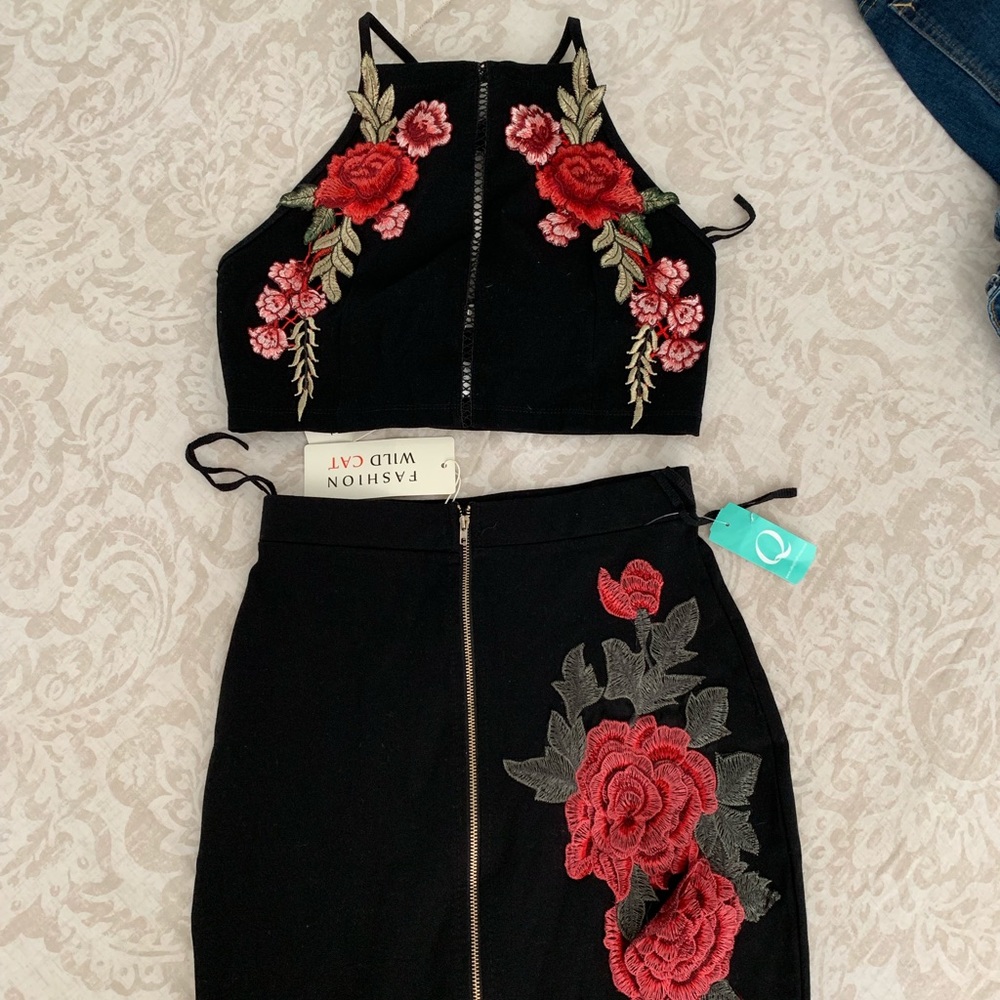 Embroidered Halter Top and Pencil Skirt